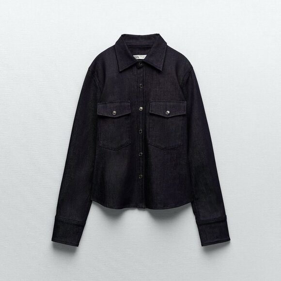 Dark Denim Zara Snap-Front Woven Long Sleeve Jean Top (NWT) - Picture 4 of 7